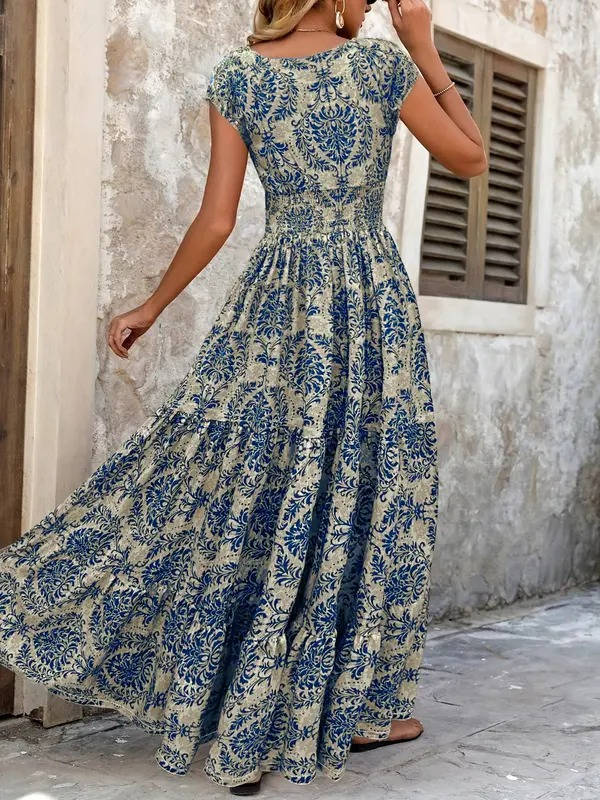 Women's Boho Smocked Maxi Summer Dress Short Sleeve Tiered Print Sundress