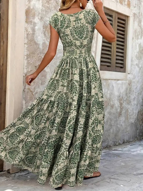 Women's Boho Smocked Maxi Summer Dress Short Sleeve Tiered Print Sundress