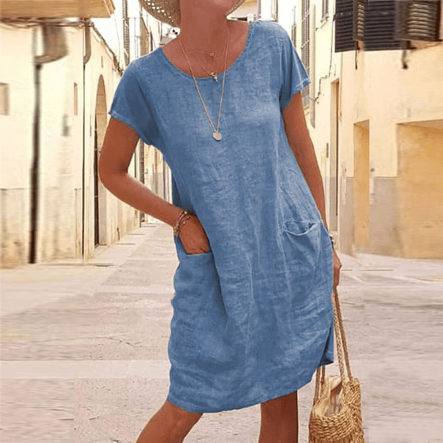 Women's Linen Midi Evening Dress with Short Sleeves and Pockets