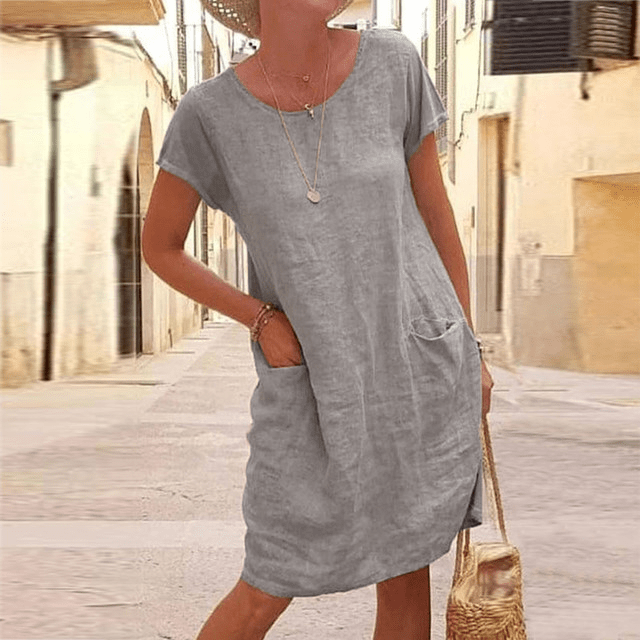 Women's Linen Midi Evening Dress with Short Sleeves and Pockets