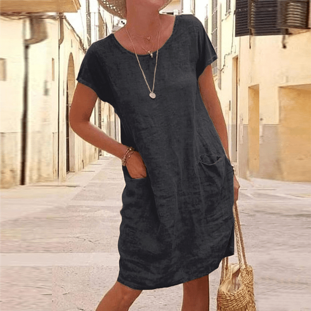 Women's Linen Midi Evening Dress with Short Sleeves and Pockets