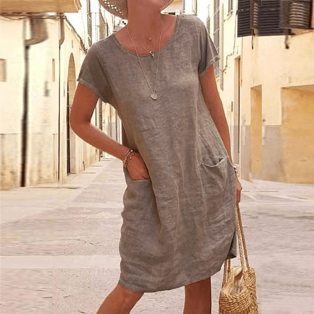 Women's Linen Midi Evening Dress with Short Sleeves and Pockets