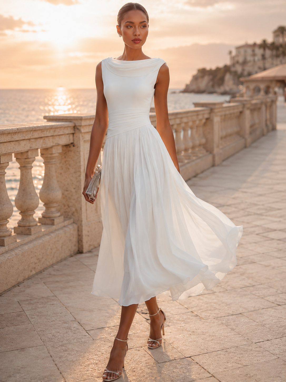 Women's Sleeveless Pleated Midi Dress Draped Neckline Contoured Waist Fluid