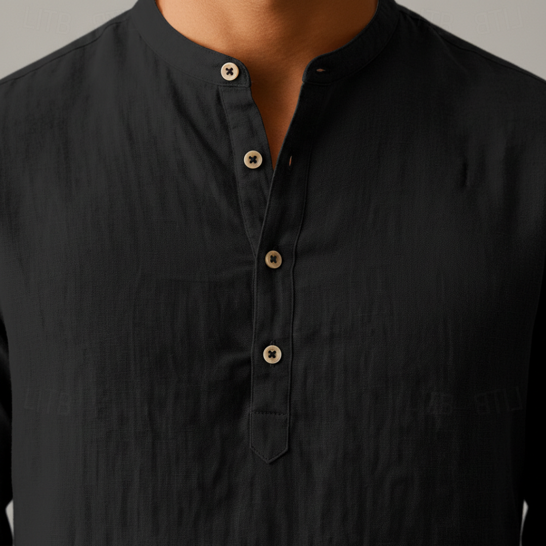 Men's Long Sleeve Linen Shirt Relaxed Henley Neckline Style