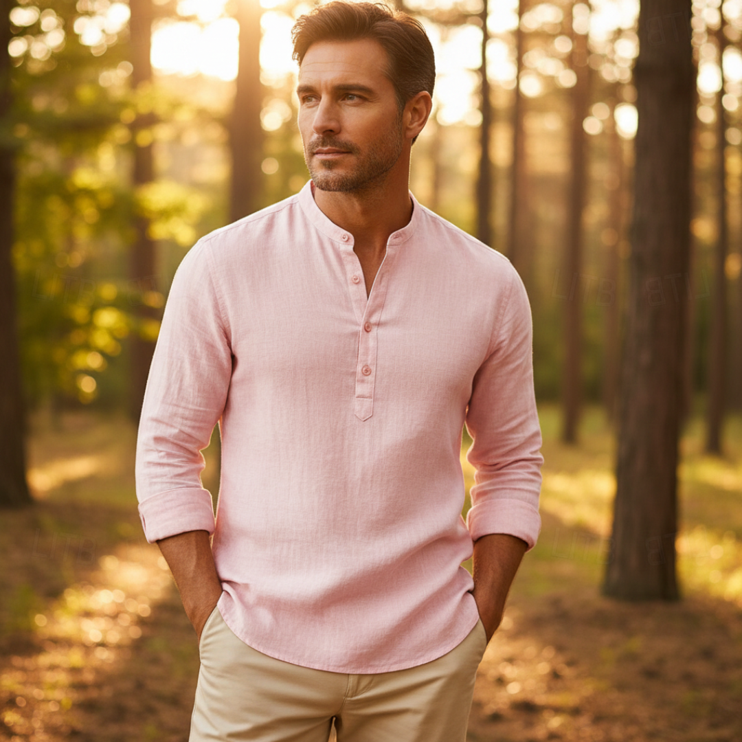 Men's Long Sleeve Linen Shirt Relaxed Henley Neckline Style