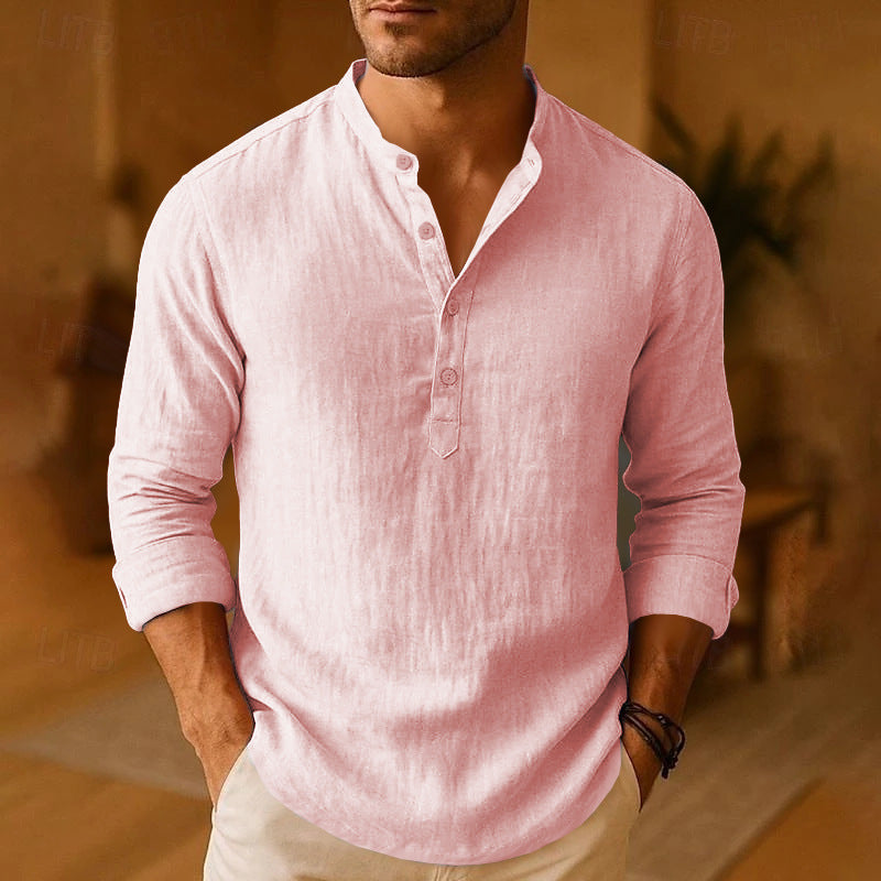 Men's Long Sleeve Linen Shirt Relaxed Henley Neckline Style