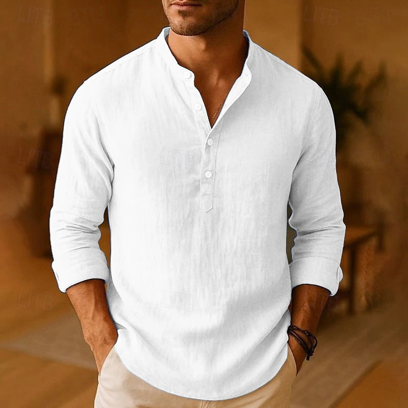 Men's Long Sleeve Linen Shirt Relaxed Henley Neckline Style