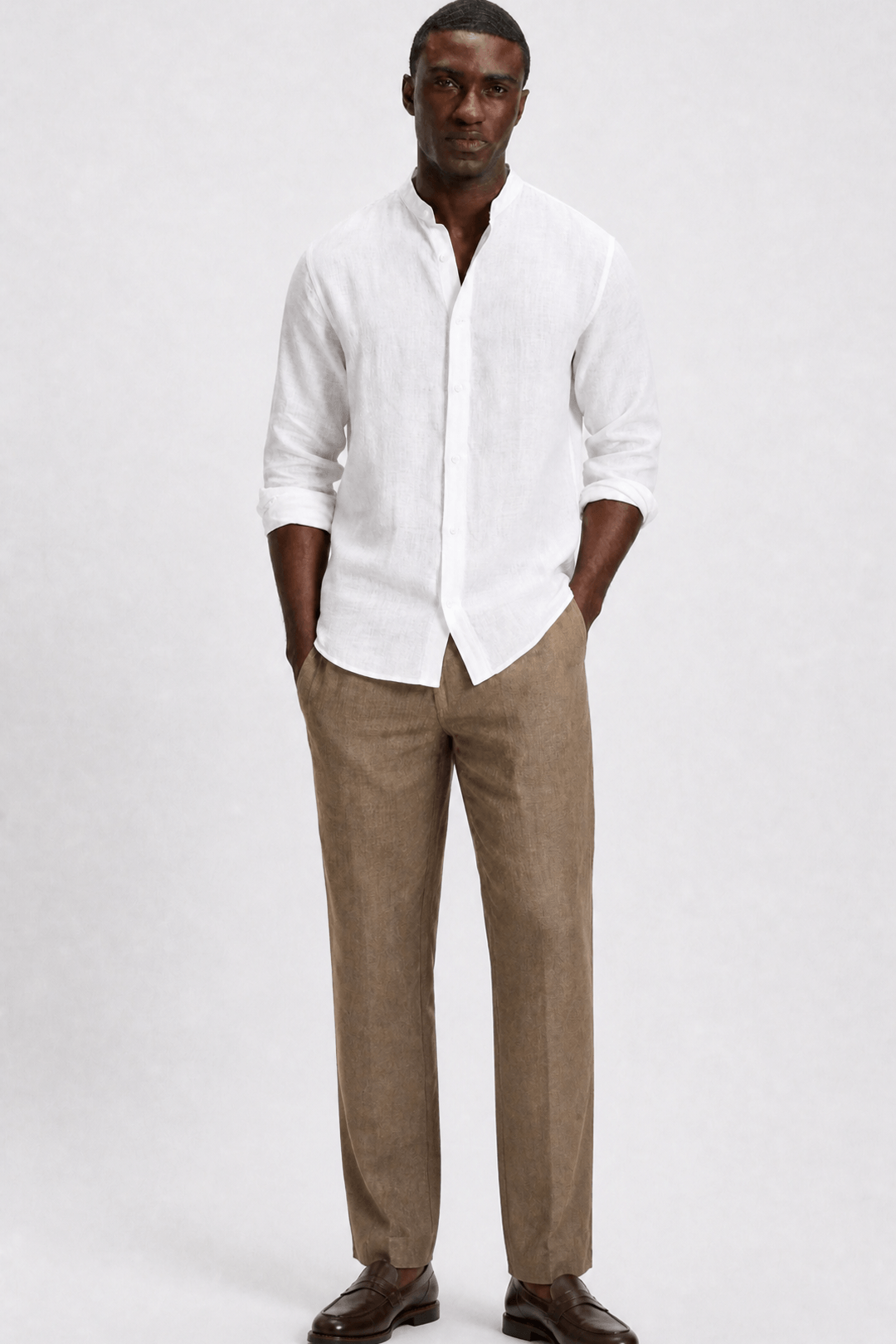 Men's Band Collar Linen Shirt Casual Summer Relaxed Elegant Fit