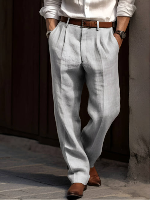 Men's Classic Pleated Linen Trousers Breathable Smart Casual Wear - 2