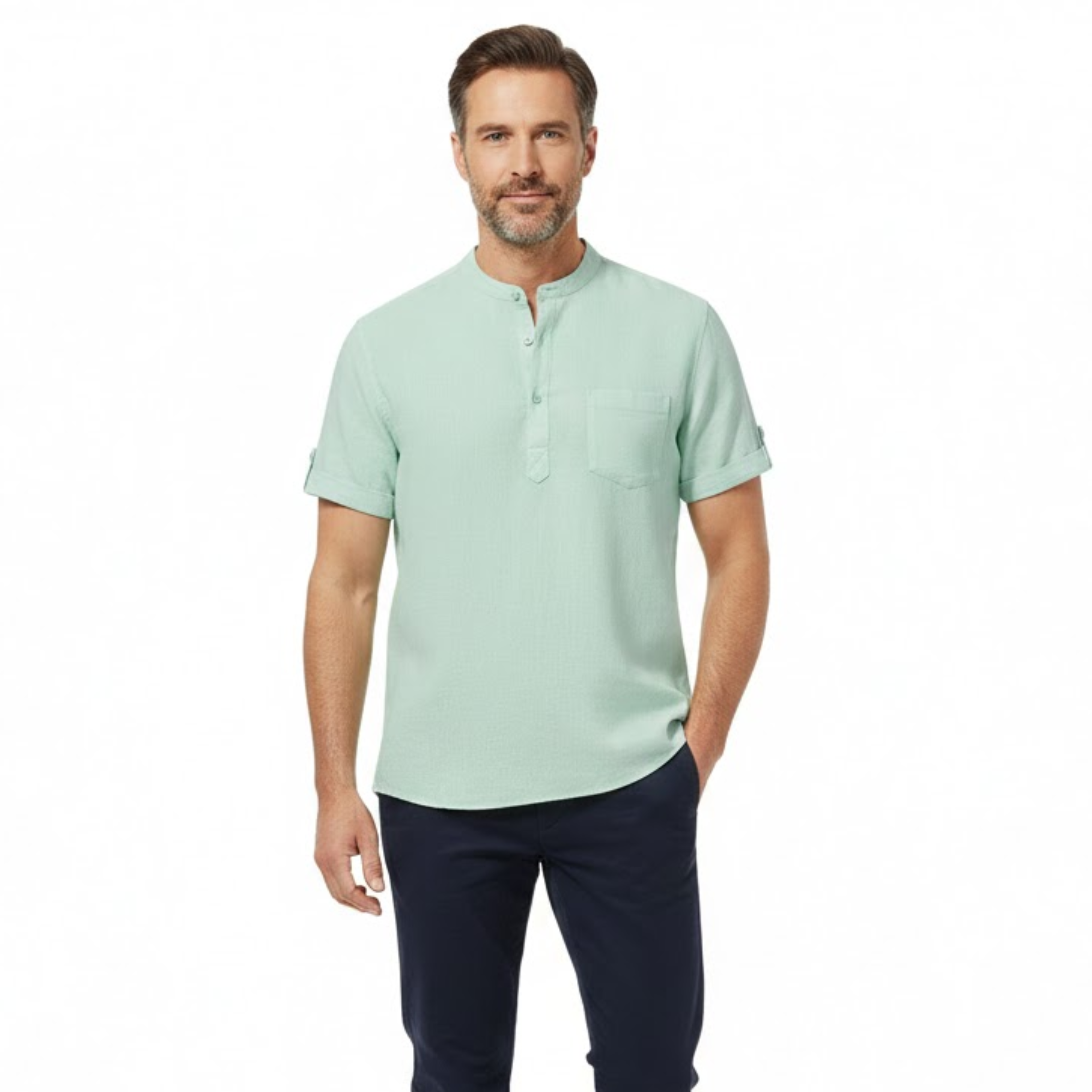 Men's Cotton Linen Henley Shirt Short-Sleeve Breathable Casual Top
