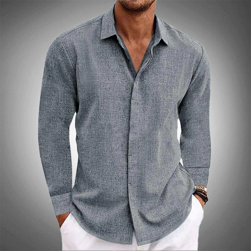 Men's Cotton Linen Long Sleeve Shirt Breathable Button Closure