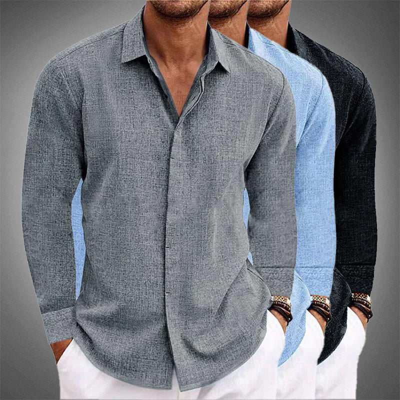 Men's Cotton Linen Long Sleeve Shirt Breathable Button Closure