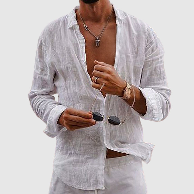 Men's Lightweight Breathable Linen Shirt Open Neck Button-Down