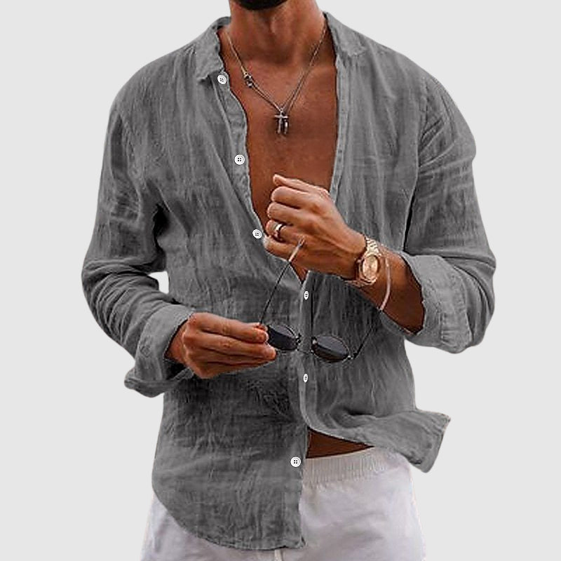 Men's Lightweight Breathable Linen Shirt Open Neck Button-Down