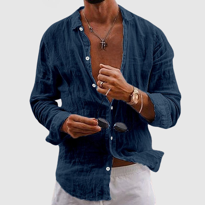 Men's Lightweight Breathable Linen Shirt Open Neck Button-Down