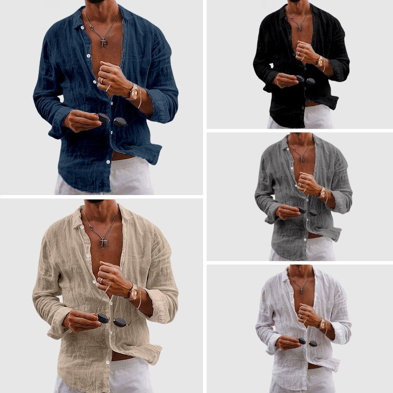 Men's Lightweight Breathable Linen Shirt Open Neck Button-Down