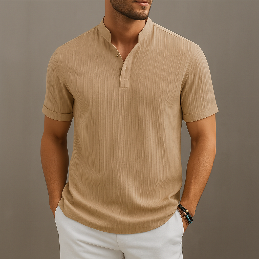 Men's Linen Popover Shirt with Band Collar Smart Casual