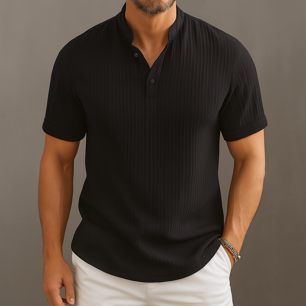 Men's Linen Popover Shirt with Band Collar Smart Casual