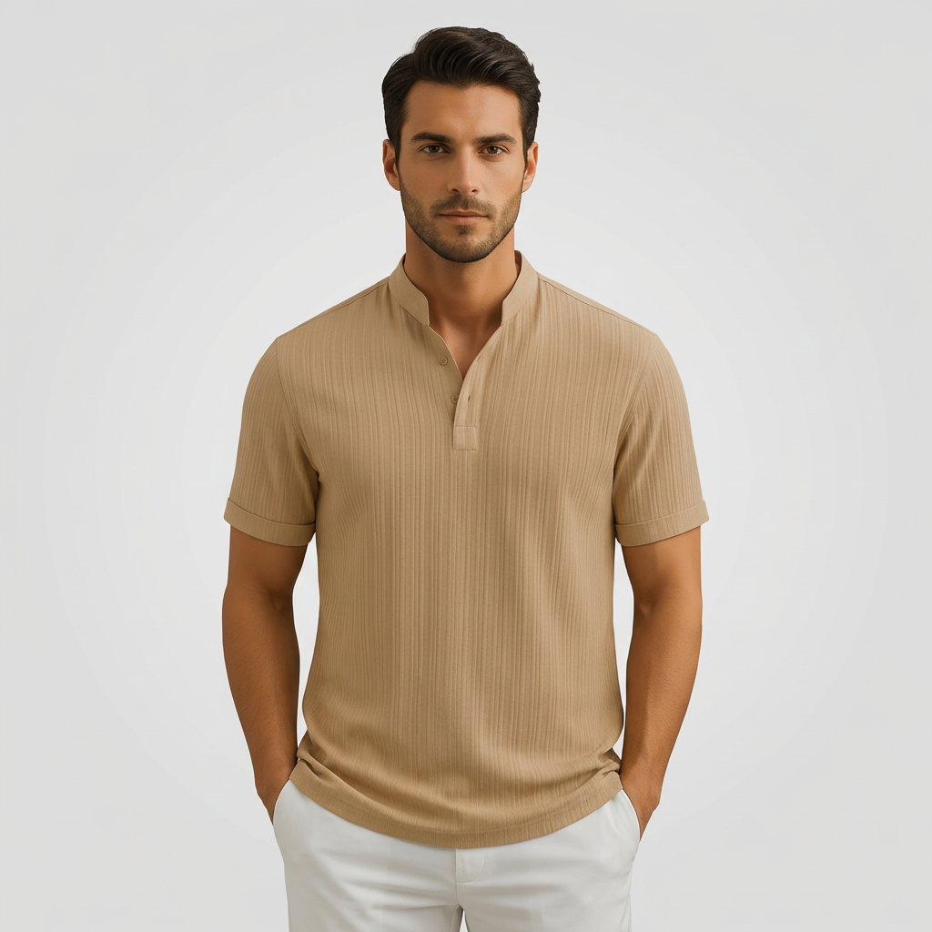 Men's Linen Popover Shirt with Band Collar Smart Casual