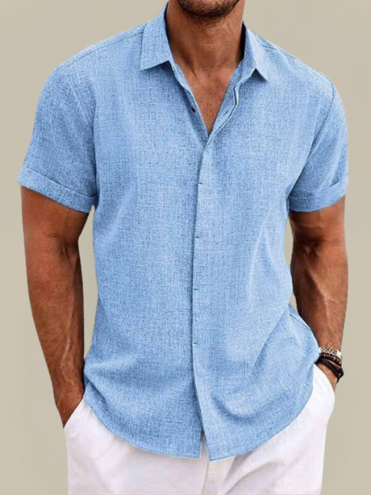 Men's Linen Short Sleeve Shirt Breathable Lightweight Button-Up Summer