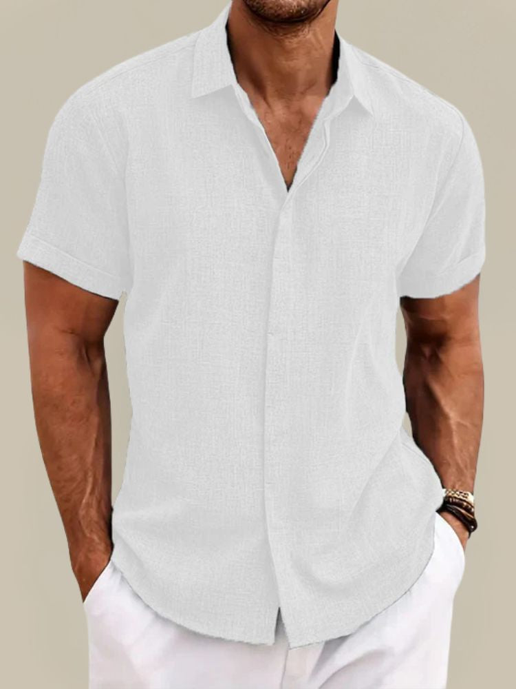 Men's Linen Short Sleeve Shirt Breathable Lightweight Button-Up Summer