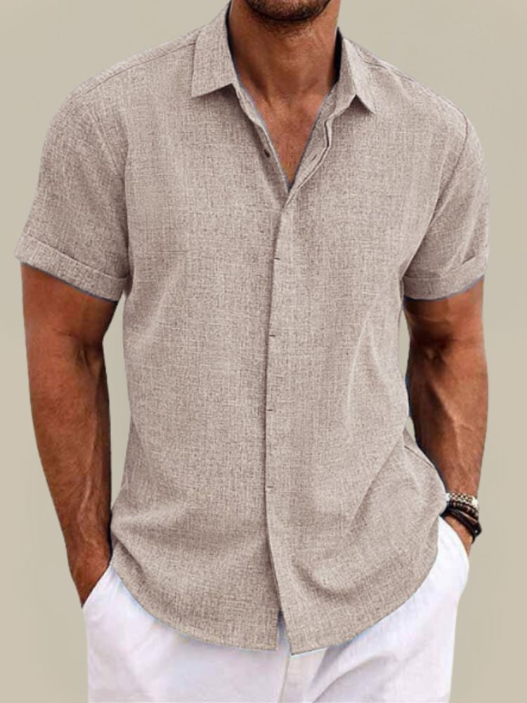 Men's Linen Short Sleeve Shirt Breathable Lightweight Button-Up Summer