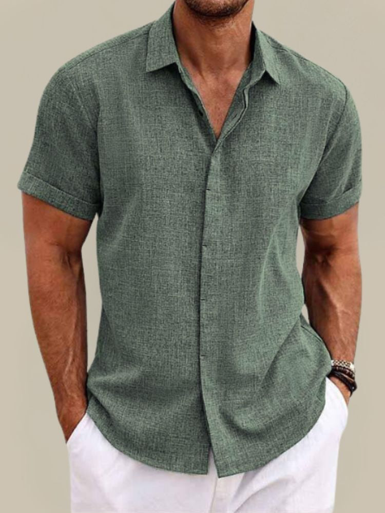 Men's Linen Short Sleeve Shirt Breathable Lightweight Button-Up Summer