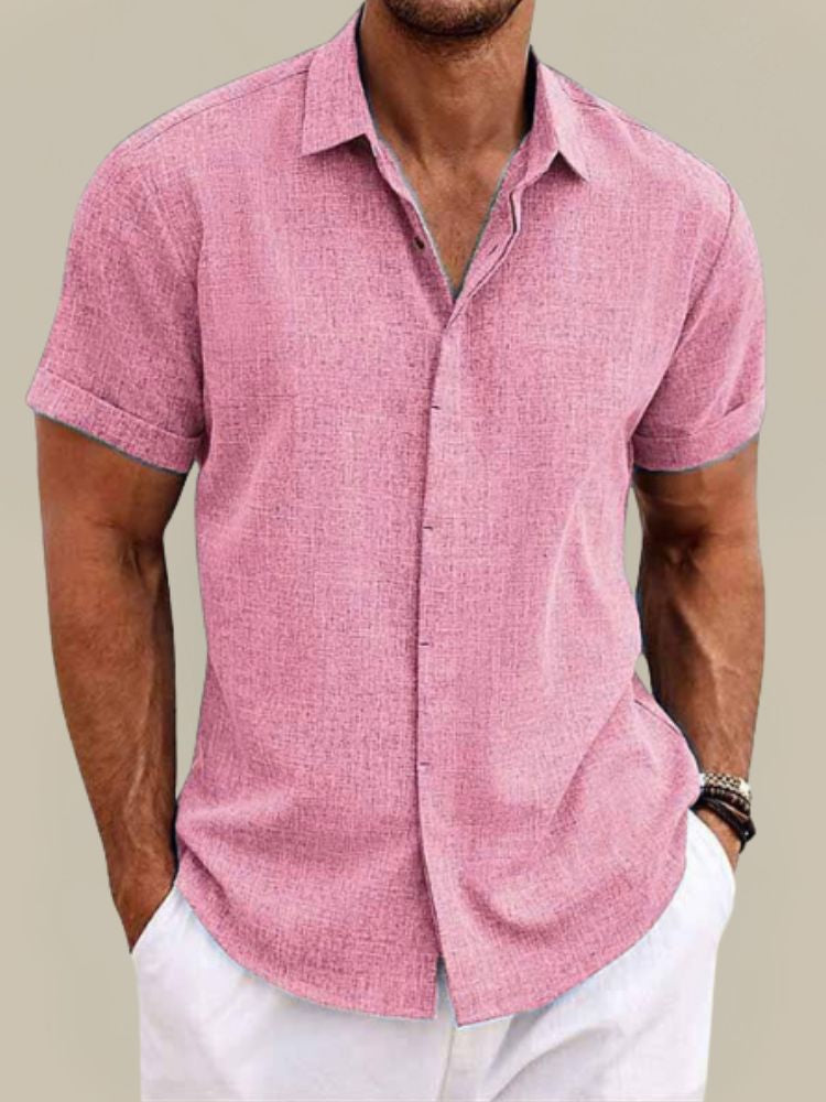 Men's Linen Short Sleeve Shirt Breathable Lightweight Button-Up Summer