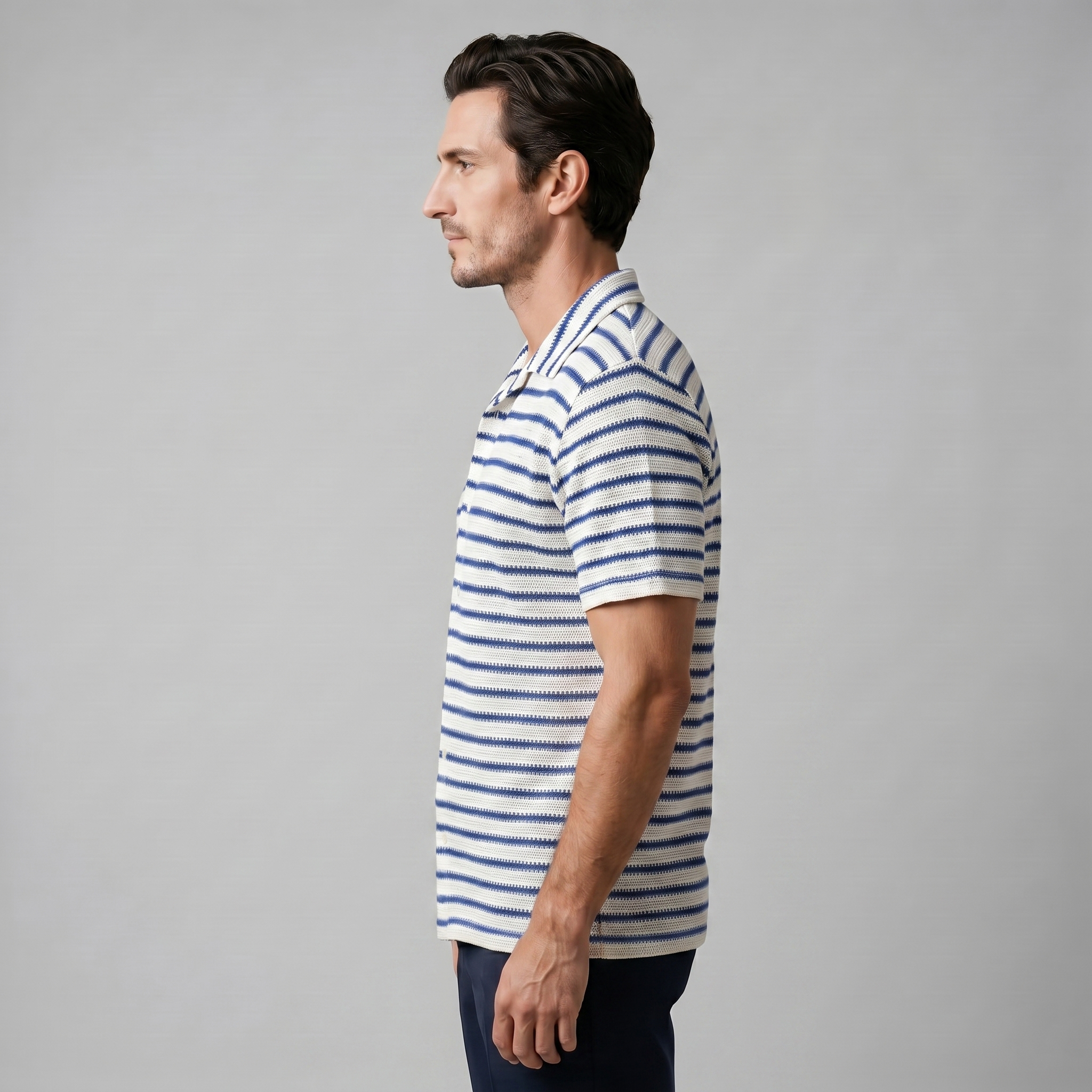 Men's Open Knit Striped Resort Shirt Casual Summer Relaxed Fit