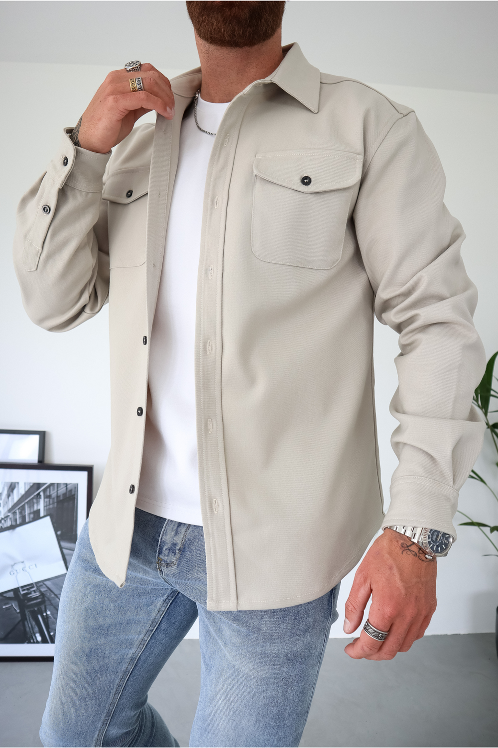 Men's Overshirt Jacket Long Sleeve Button-Up with Chest Pockets