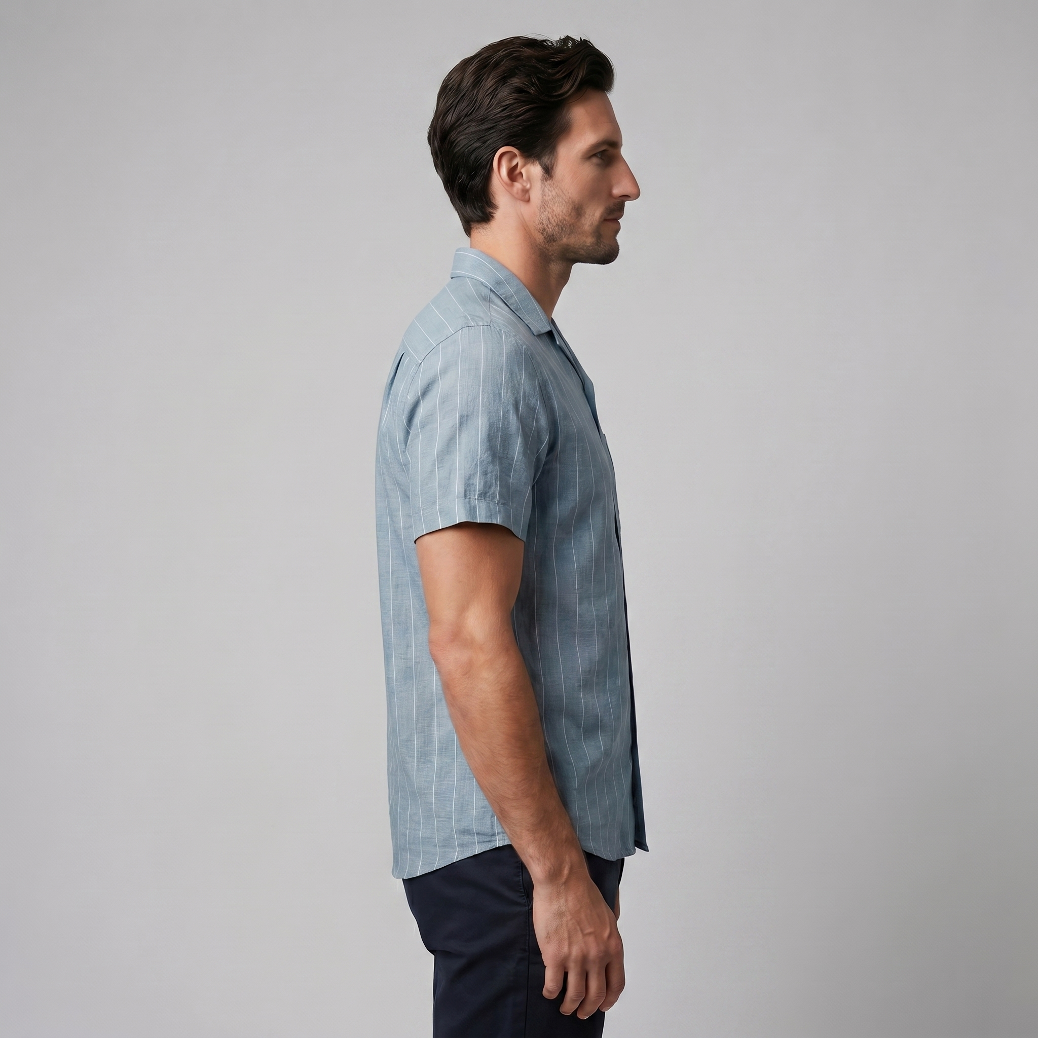 Men's Pinstripe Short Sleeve Camp Shirt Smart Casual Summer