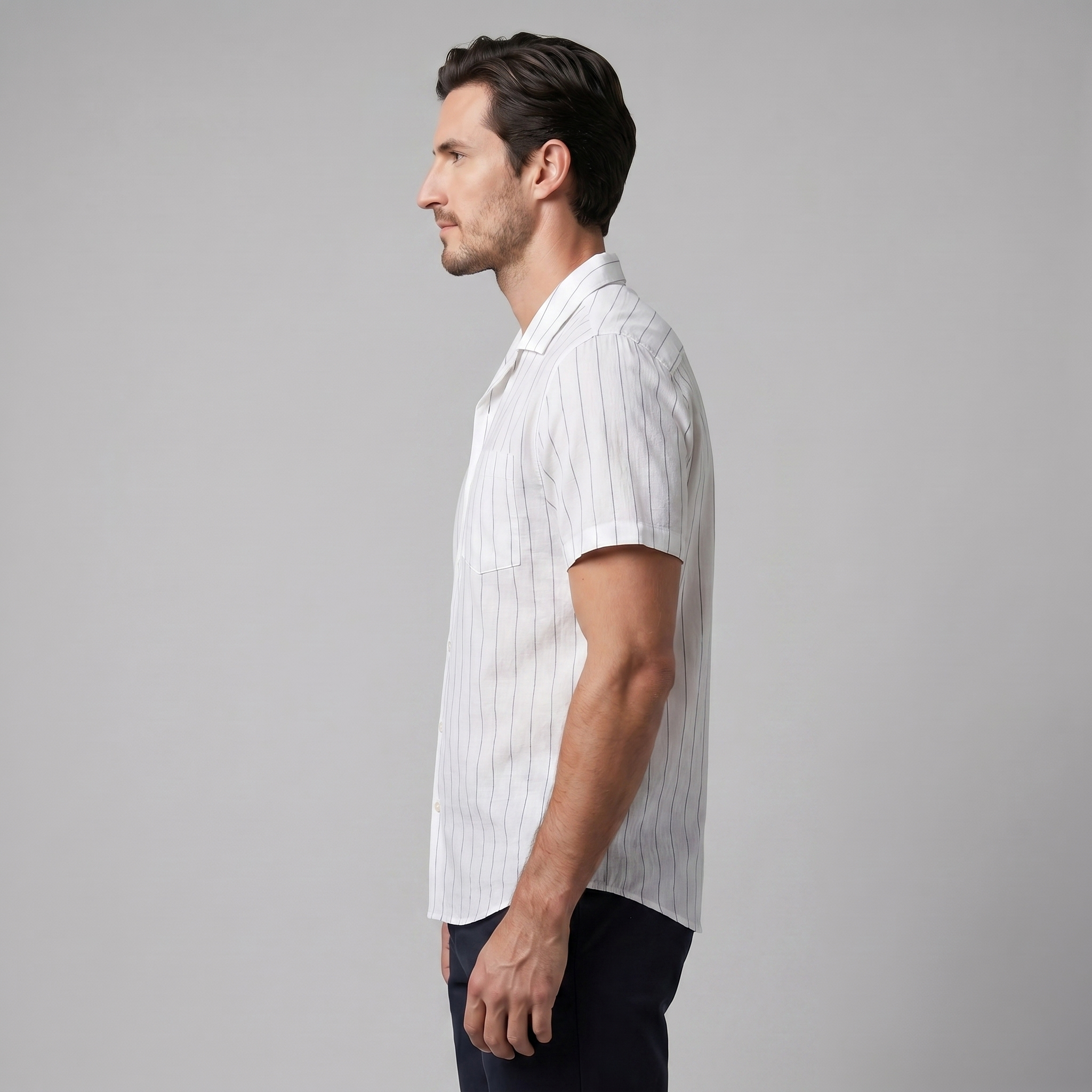 Men's Pinstripe Short Sleeve Camp Shirt Smart Casual Summer