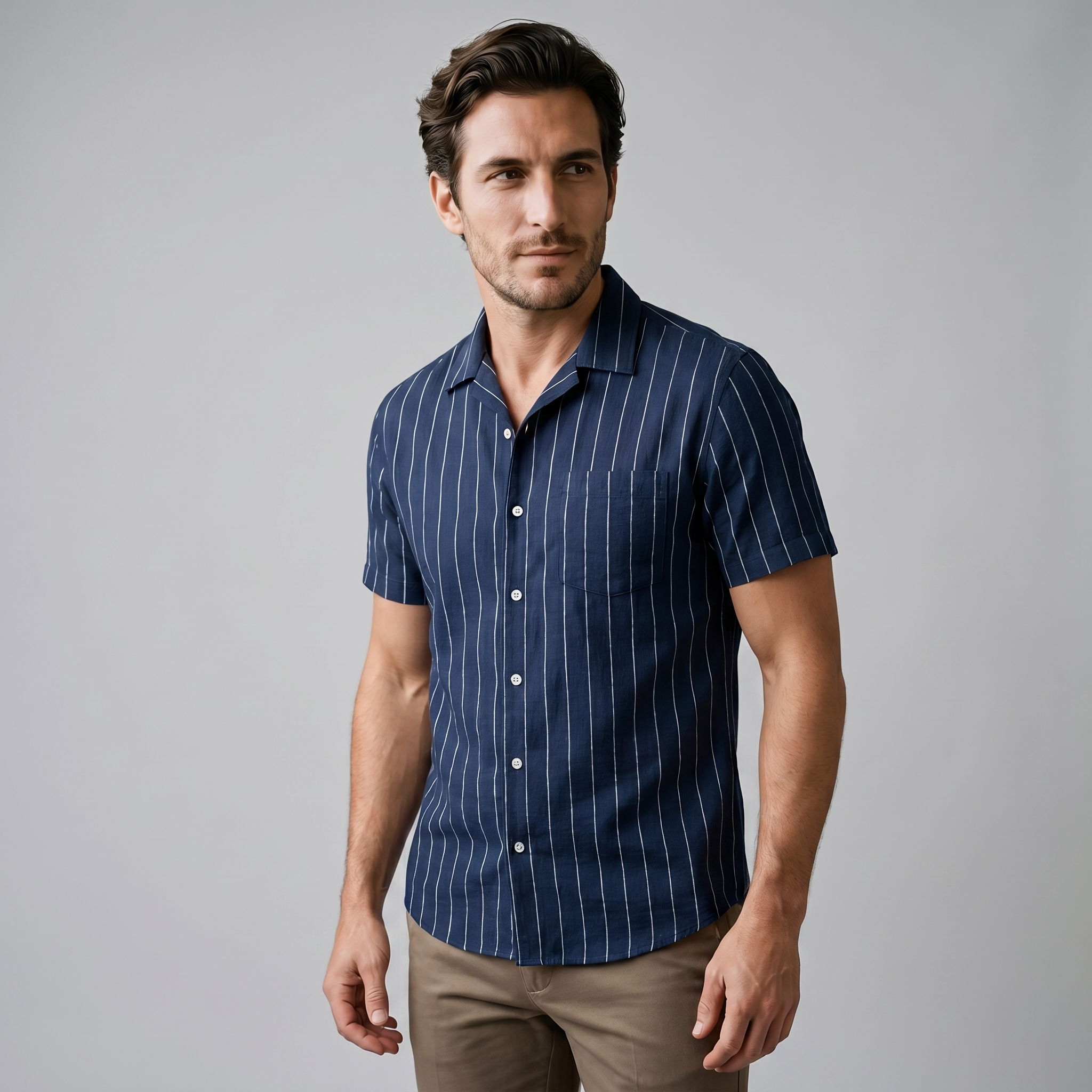 Men's Pinstripe Short Sleeve Camp Shirt Smart Casual Summer