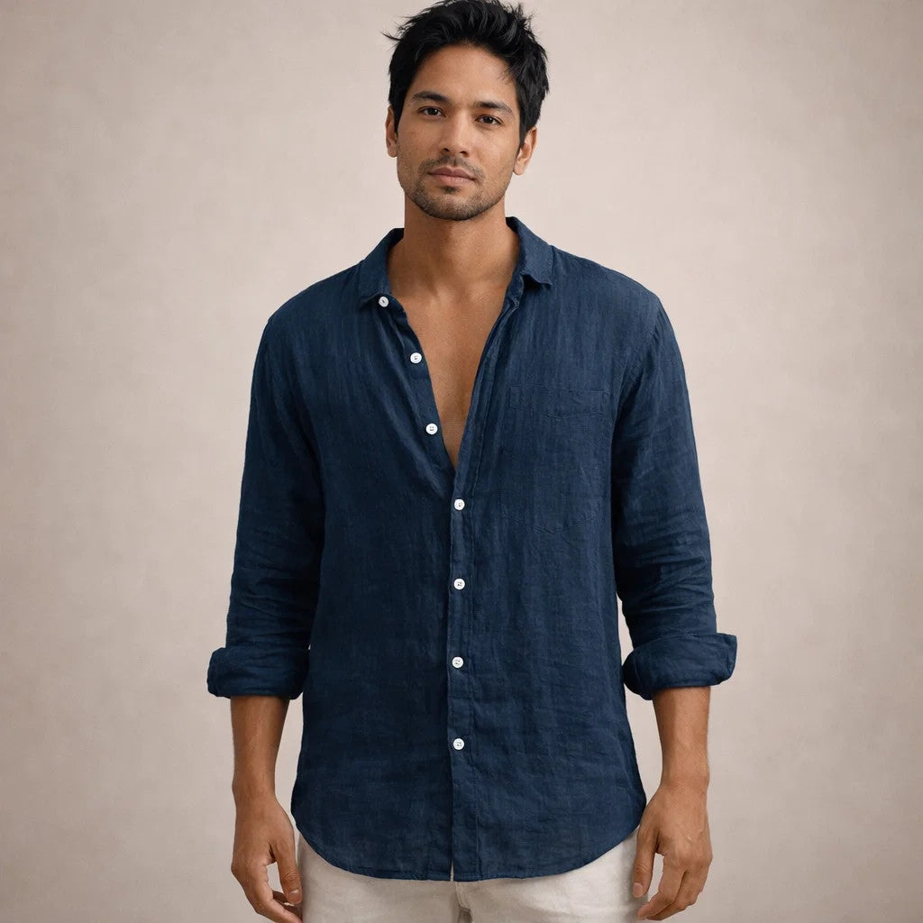 Men's Regular Fit Linen Shirt Long Sleeve Open Collar Breathable