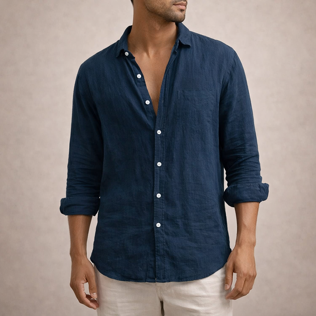 Men's Regular Fit Linen Shirt Long Sleeve Open Collar Breathable