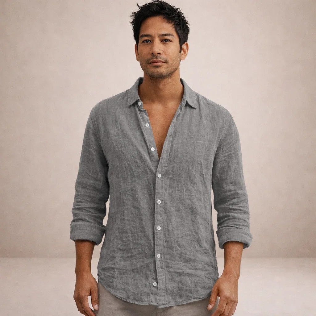 Men's Regular Fit Linen Shirt Long Sleeve Open Collar Breathable