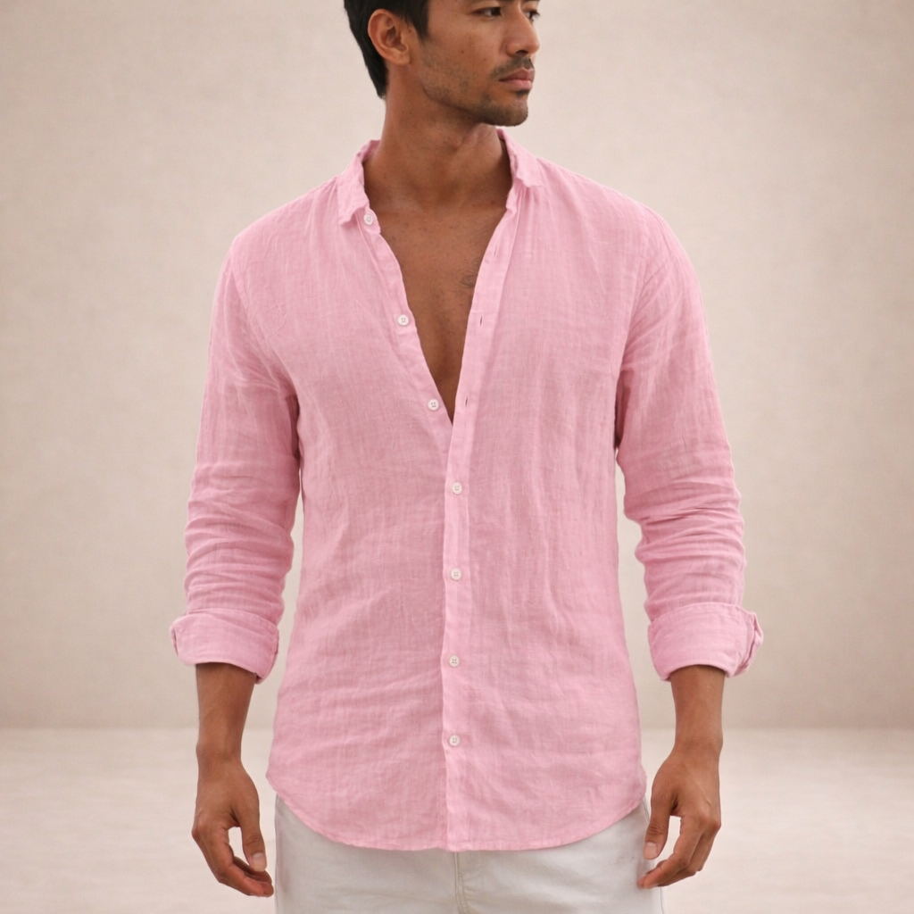 Men's Regular Fit Linen Shirt Long Sleeve Open Collar Breathable
