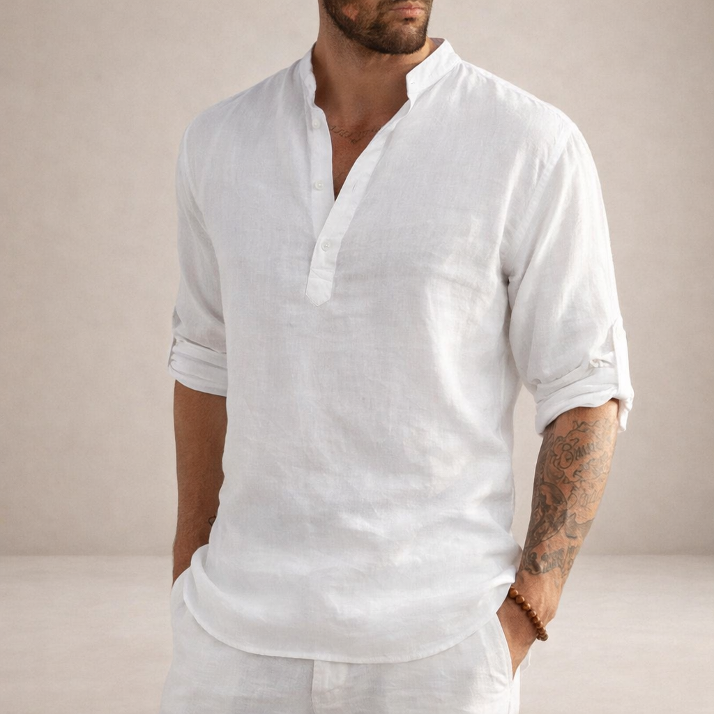 Men's Regular Fit Linen Shirt Standing Collar Long Sleeve Breathable