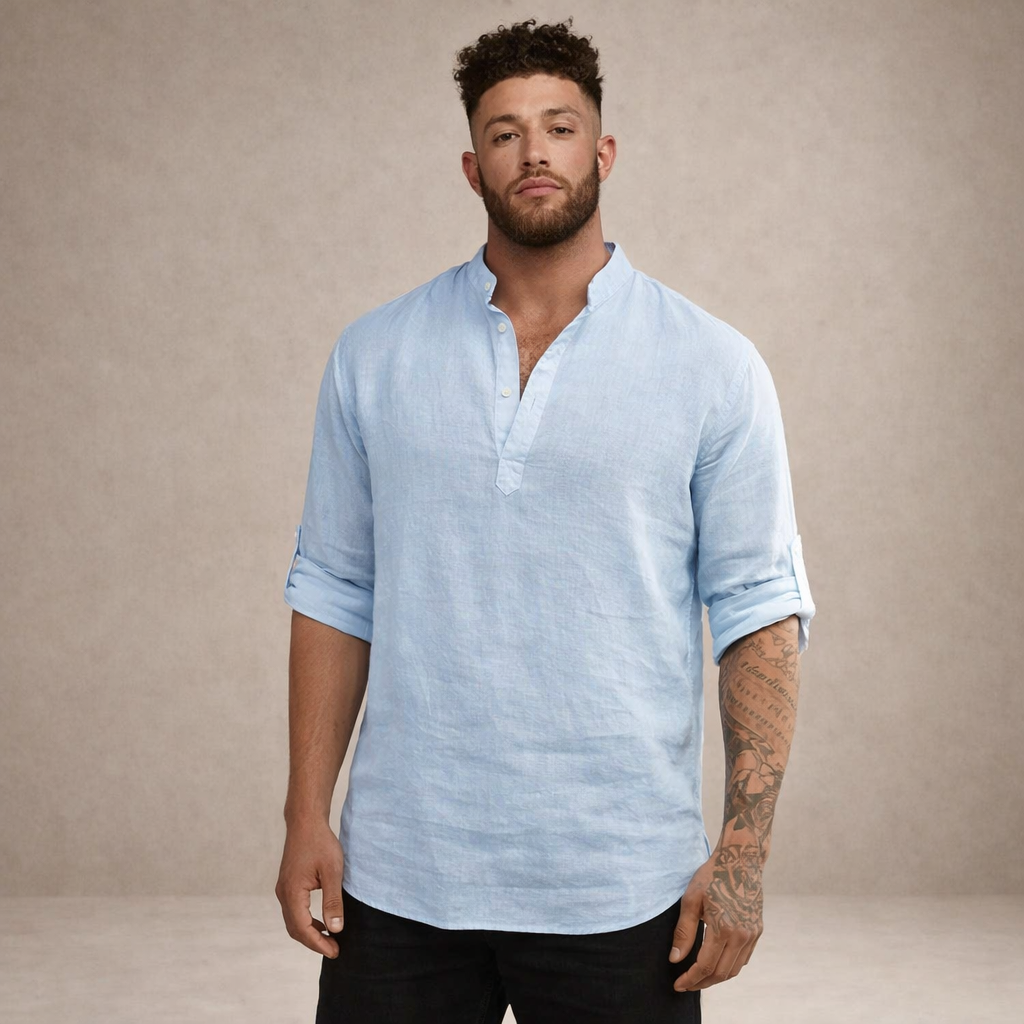 Men's Regular Fit Linen Shirt Standing Collar Long Sleeve Breathable