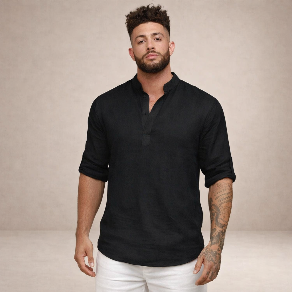 Men's Regular Fit Linen Shirt Standing Collar Long Sleeve Breathable