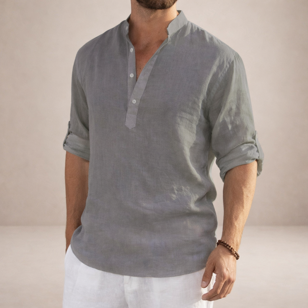 Men's Regular Fit Linen Shirt Standing Collar Long Sleeve Breathable