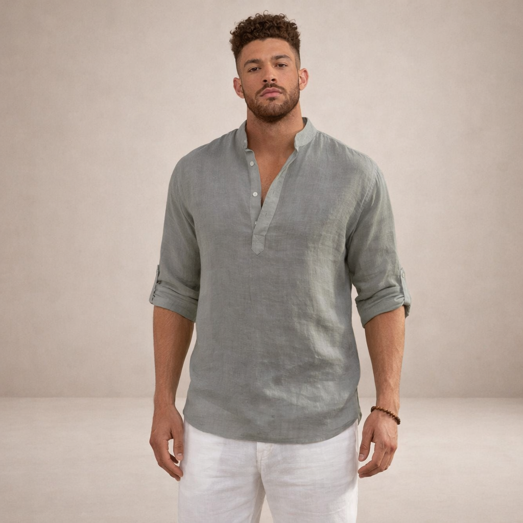 Men's Regular Fit Linen Shirt Standing Collar Long Sleeve Breathable