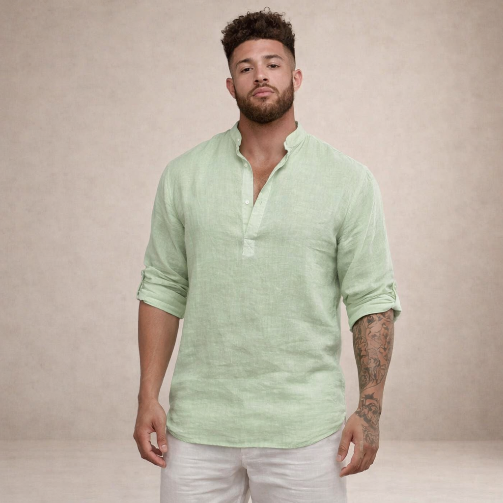 Men's Regular Fit Linen Shirt Standing Collar Long Sleeve Breathable