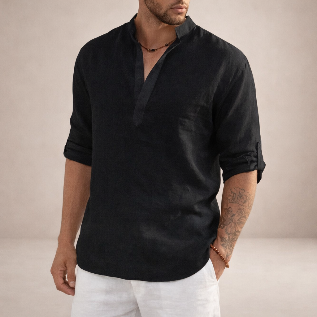 Men's Regular Fit Linen Shirt Standing Collar Long Sleeve Breathable