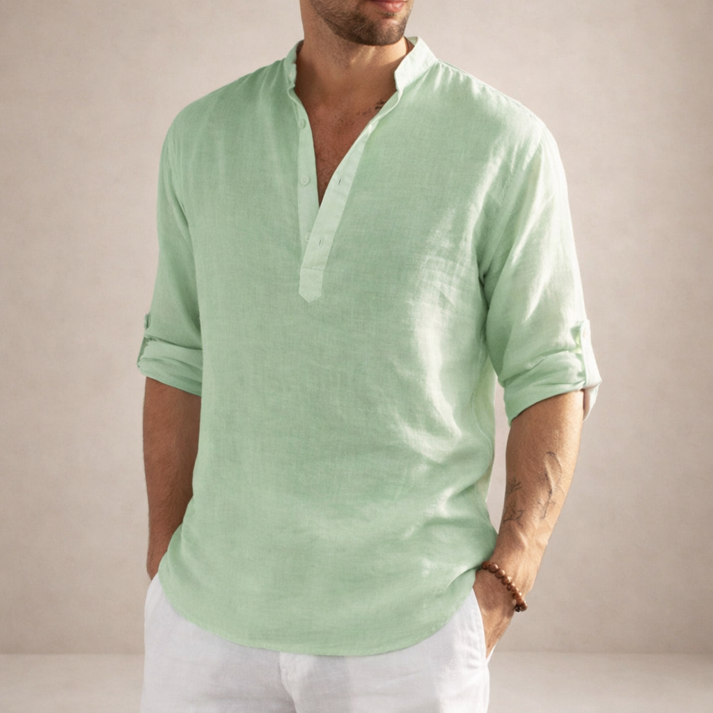 Men's Regular Fit Linen Shirt Standing Collar Long Sleeve Breathable