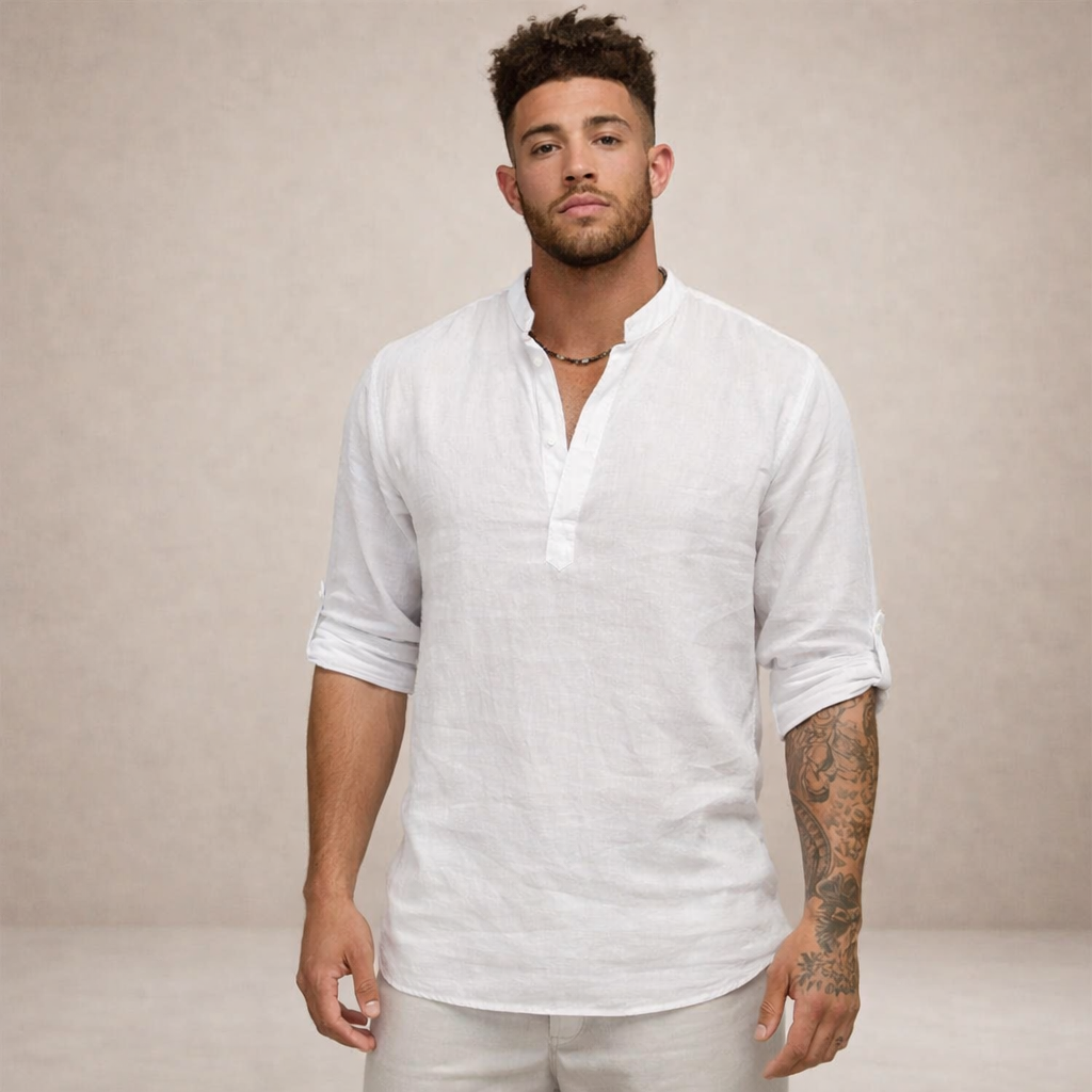 Men's Regular Fit Linen Shirt Standing Collar Long Sleeve Breathable
