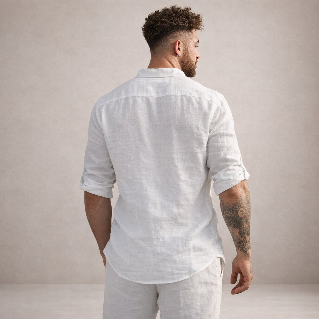 Men's Regular Fit Linen Shirt Standing Collar Long Sleeve Breathable