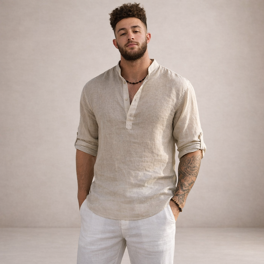 Men's Regular Fit Linen Shirt Standing Collar Long Sleeve Breathable