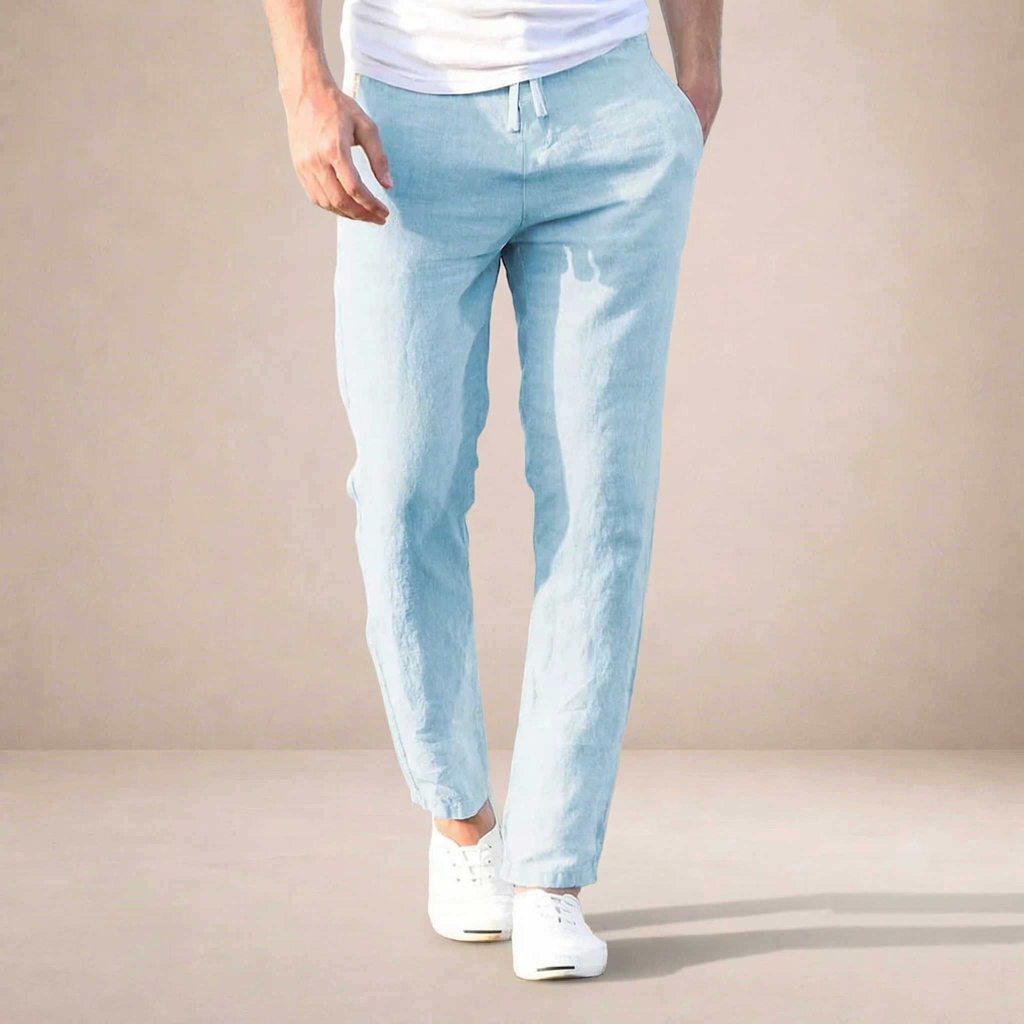 Men's Regular Fit Linen Summer Trousers Breathable Elastic Waist