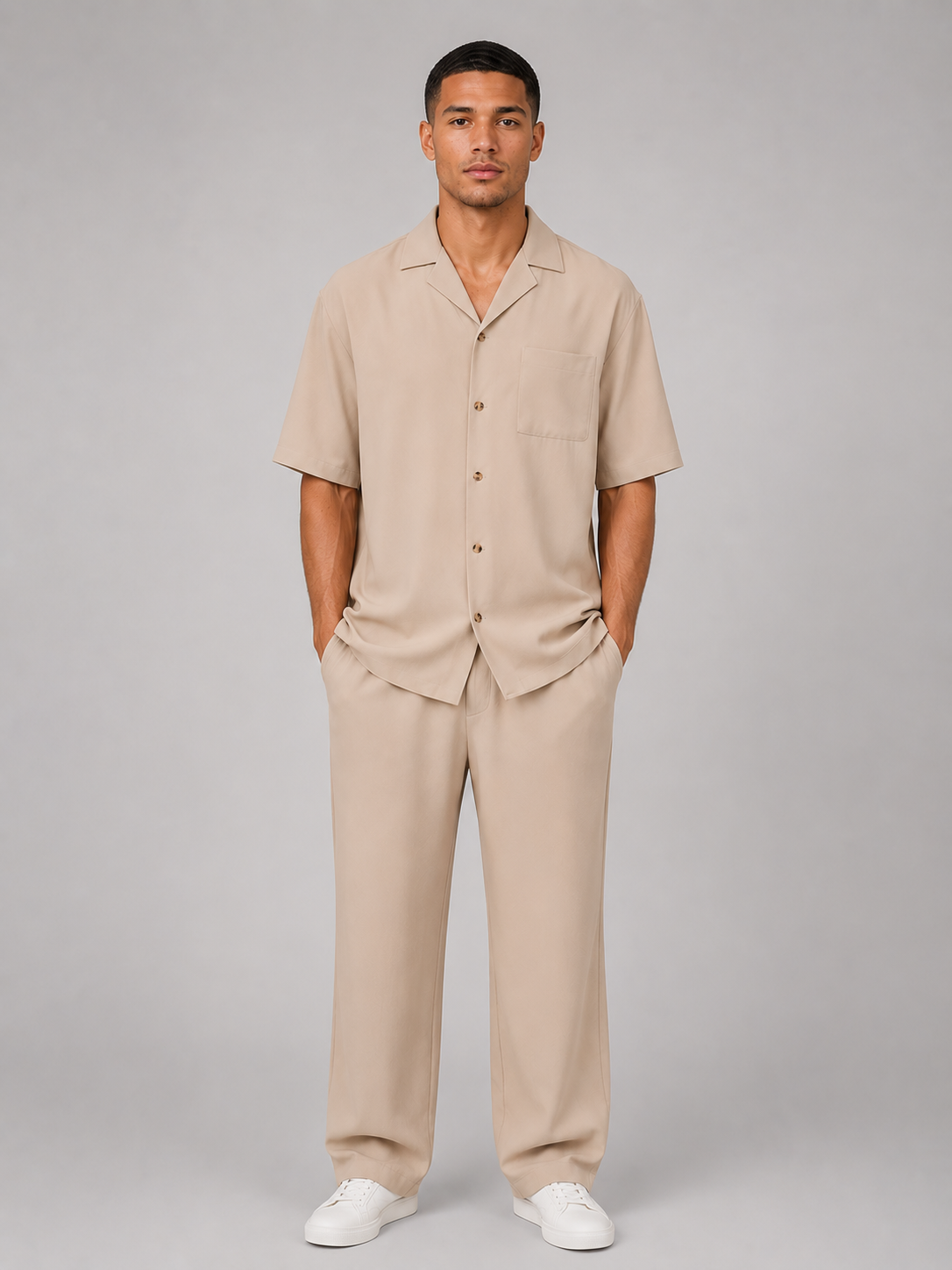 Men's Relaxed Summer Co-Ord Set Short Sleeve Shirt and Drawstring Trousers